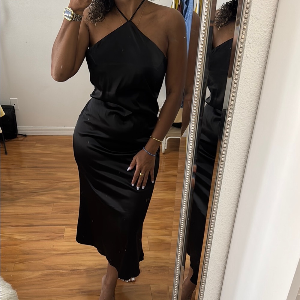 Low back Satin Black Halter Dress